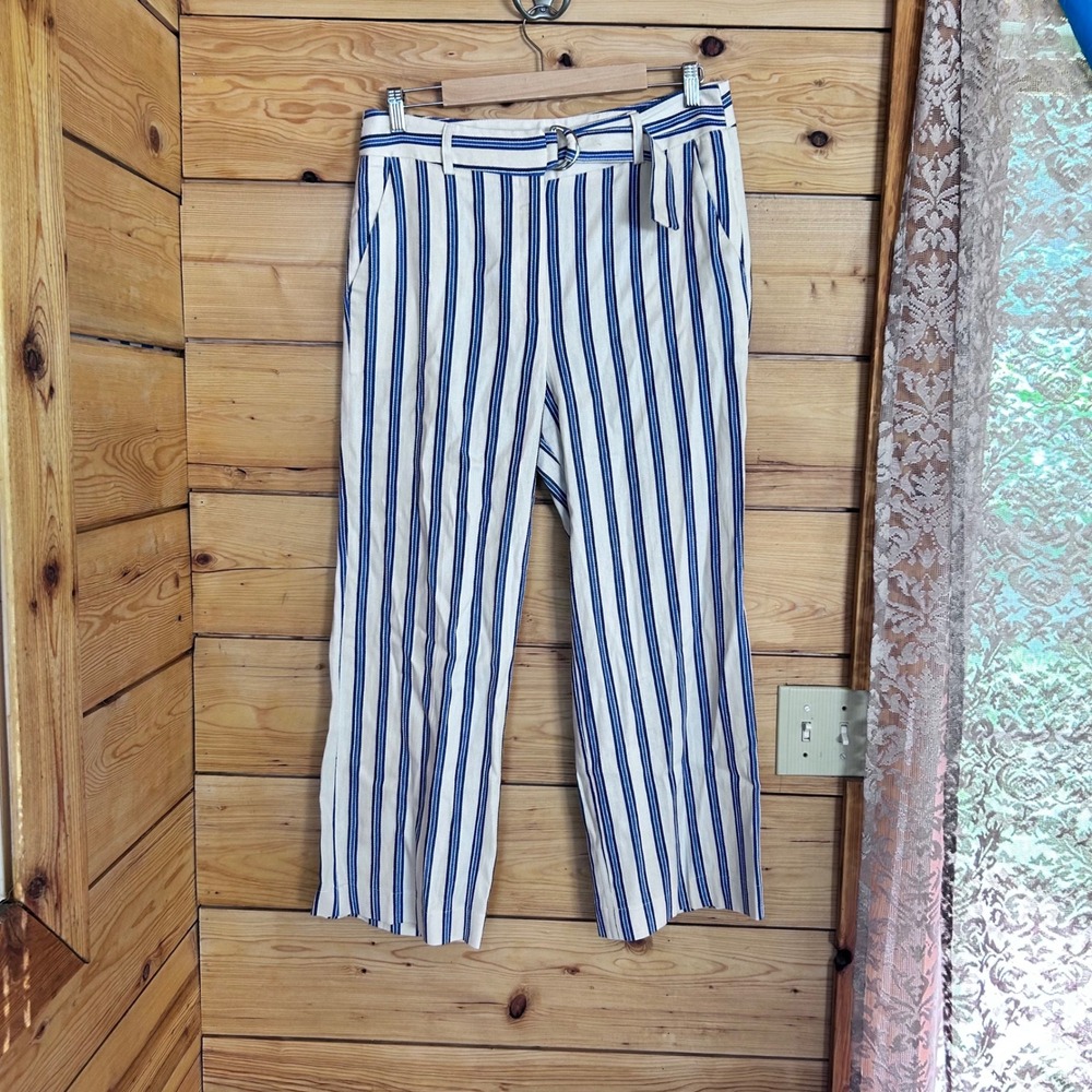 Linen Silk Striped Wide Leg Pants Women Large Blue White Coastal Gregory Coastal